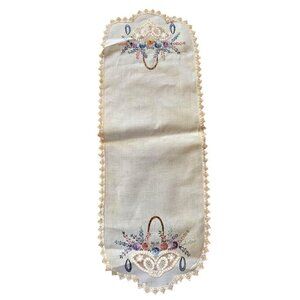 Vintage Hand Embroidered Cut Work Runner 16” x 44” Set